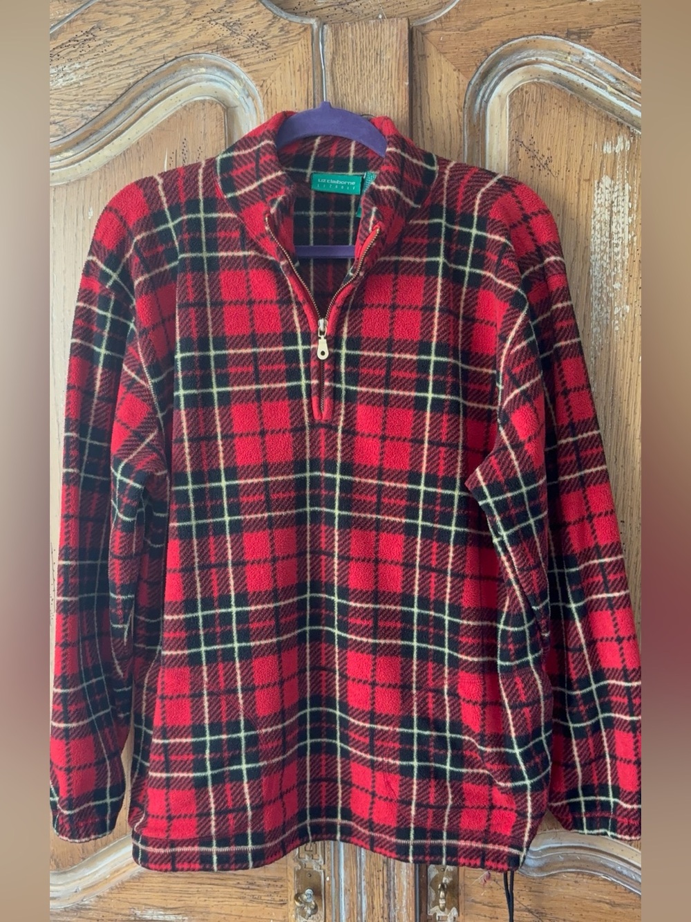 Vintage Liz Claiborne Liz Golf Plaid Fleece
Pullover 1/4 Zip Red Black Large